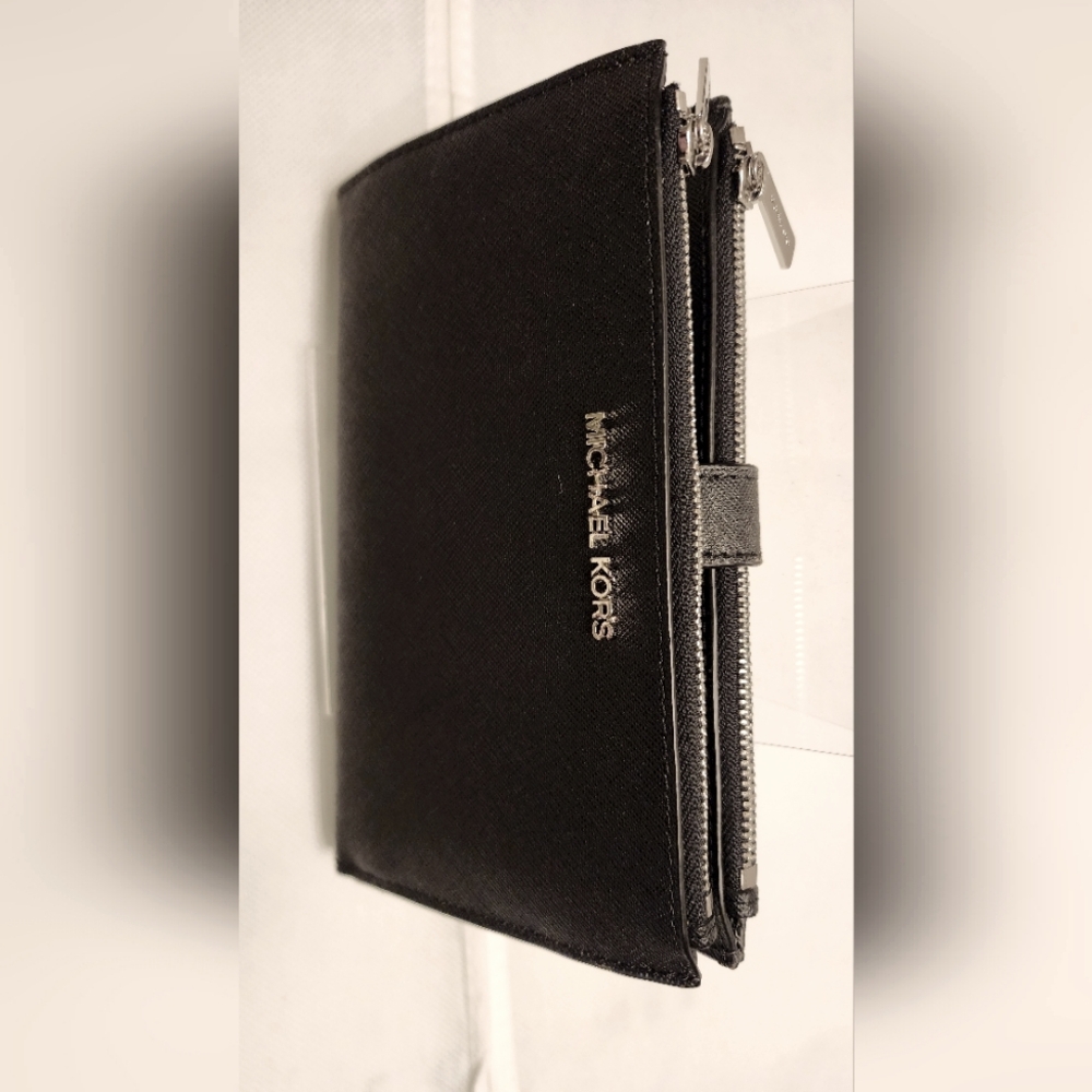 NWOT Michael Kors Jet Set Travel Double zip wristlet Leather wallet Black Silver - Picture 3 of 15